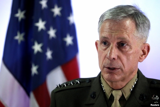 FILE - U.S. Marine Corps General Thomas Waldhauser holds a news conference at Camp Lemonnier in Ambouli, Djibouti, April 23, 2017.