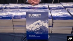 FILE - Copies of President Barack Obama’s fiscal 2017 federal budget are displayed by the Senate Budget Committee, Feb. 9, 2016, on Capitol Hill in Washington. 