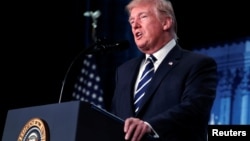 President Donald Trump addresses the Republican congressional retreat at the Greenbrier resort in White Sulphur Springs, West Virginia, Feb. 1, 2018.