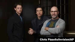 Scott Z. Burns, right, writer/director of "The Report," poses with former FBI investigator Daniel J. Jones, left, and actor Adam Driver at the Omni King Edward Hotel during the Toronto International Film Festival, Sept. 7, 2019. 