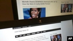 This photograph taken in Paris Friday Dec. 2, 2016 shows stories from USA Daily News 24, a fake news site registered in Veles, Macedonia. An Associated Press analysis using web intelligence service Domain Tools shows that USA Daily News 24 is one of roughly 200 U.S.-oriented sites registered in Veles, which has emerged as the unlikely hub for the distribution of disinformation on Facebook. Both stories shown here are bogus. (AP Photo/Raphael Satter)​