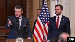 Pete Hegseth speaks after being sworn in as the new US Secretary of Defense by Vice-President JD Vance at the Eisenhower Executive Office Building at the White House in Washington, DC, on Jan. 25, 2025.