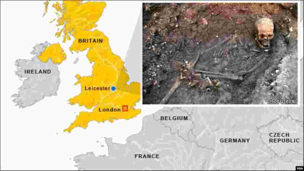 Lokasi ditemukannya kerangka tulang belulang Raja Inggris Richard III di Leicester, Inggris.