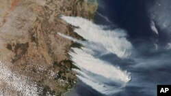 This Nov. 8, 2019, satellite photo taken by NASA shows hot, dry and windy weather conditions as bushfires burn in the eastern part of News South Wales state.