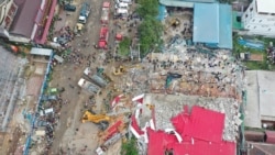 An overhead view of a collapsed under-construction building in Sihanoukville, Cambodia, June 22, 2019.