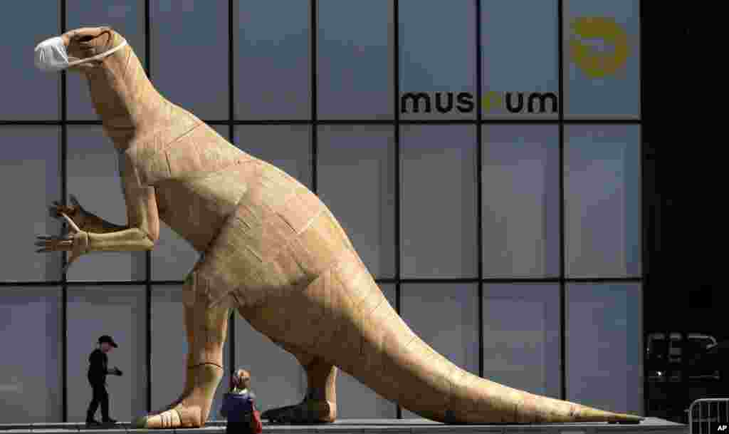 A boy walks by a dinosaur model wearing a face mask, during a partial lockdown to prevent the spread of the coronavirus, at the Museum of Natural History in Brussels, Belgium.