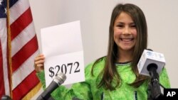 FILE - Student Shania Sommer of Palmer, Alaska, announces that nearly every Alaskan will receive $2,072 from the year's oil dividend check during a news conference in Anchorage, Alaska, Sept. 21, 2015.