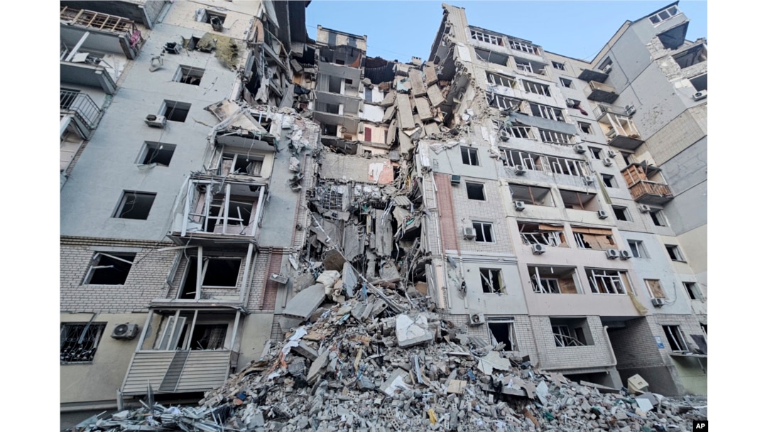 A building stands heavily damaged on Feb. 20, 2025, after a Russian strike in Kherson, Ukraine. (Kherson Regional Military Administration via AP)