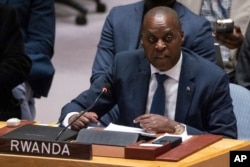 Rwandan U.N. Ambassador Ernest Rwamucyo speaks during a Security Council meeting at U.N. headquarters, Jan. 26, 2025.