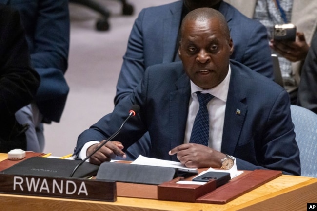 Rwandan U.N. Ambassador Ernest Rwamucyo speaks during a Security Council meeting at U.N. headquarters, Jan. 26, 2025.