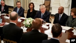 President Donald Trump speaks during a meeting with airline executives in the State Dining Room of the White House in Washington, Feb. 9, 2017.