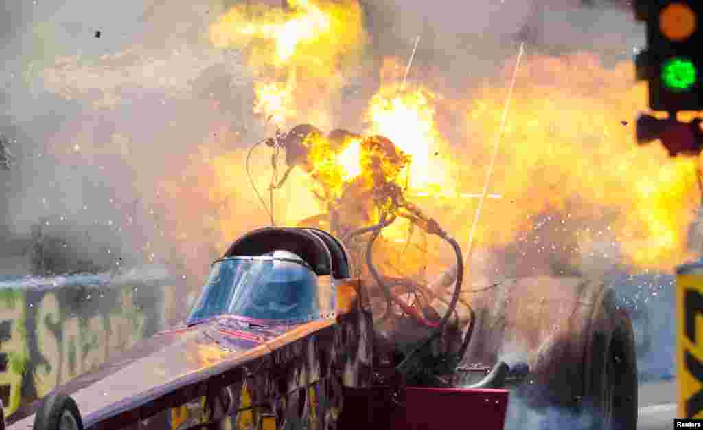 NHRA top fuel driver Kyle Wurtzel explodes an engine on fire during qualifying for the E3 Spark Plugs Nationals at Lucas Oil Raceway in Clemont, Indiana, July 11, 2020. (Credit:&nbsp;&nbsp;Mark J. Rebilas/USA TODAY Sports)