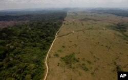 FILE - This Sept. 15, 2009 file photo, shows a deforested area near Novo Progresso in Brazil's northern state of Para.