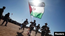 Des membres du Front Polisario participent à un défilé pour les célébrations du 35e anniversaire de leur mouvement d'indépendance du Sahara occidental vis-à-vis du Maroc, à Tifariti, dans le sud-ouest de l'Algérie, le 27 février 2011.