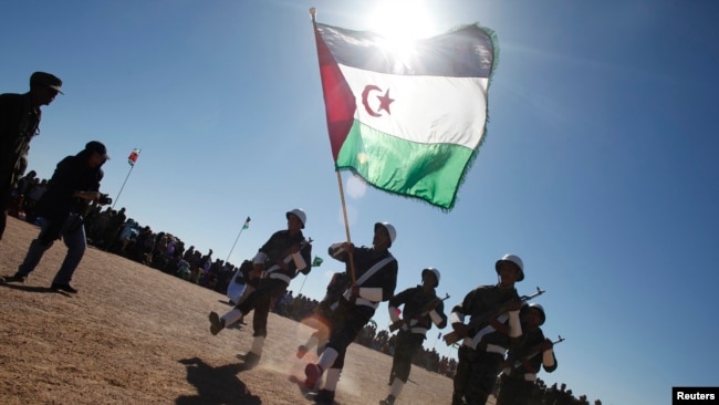 Des soldats du Front Polisario participent à un défilé lors des célébrations du 35e anniversaire de leur mouvement à Tifariti, dans le sud-ouest de l'Algérie, le 27 février 2011. (Archives)