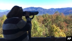 FILE - Amber McCarter, a 22-year-old from Tennessee who is colorblind, looks out from Mt. Harrison at the Ober Gatlinburg resort through a viewfinder designed to help see more colors, Oct. 26, 2017.