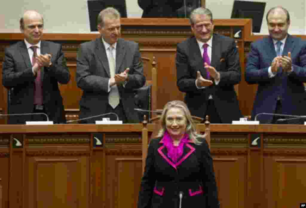 US Secretary of State Hillary Clinton arrives to give her speech to the Albanian Parliament in Tirana, Albania, Thursday, Nov. 1, 2012. Hillary Clinton arrived in EU-hopeful Albania on the last leg of her Balkans tour where she is expected to urge opposin