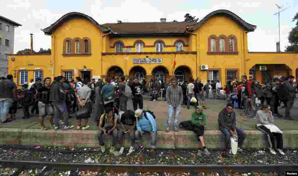 A group of immigrants arrive at the Gevgelija railway station Aug. 21, 2015.