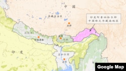中印有争议地区地图: 中国藏南地区/印度阿鲁纳恰尔邦 (谷歌地图)