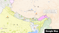 中印有争议地区地图: 中国藏南地区/印度阿鲁纳恰尔邦 (谷歌地图) 。洞朗地区在中国、印度、不丹交界处。