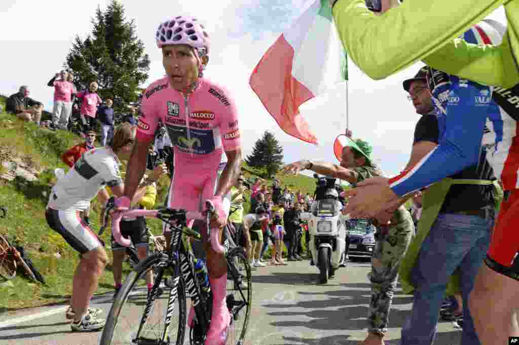 Tay đua Nairo Quintana của Colombia sắp giành chiến thắng trong chặng đua thứ 19 của giải đua xe đạp Giro d'Italia vòng quanh Italia, ở Bassano del Grappa.
