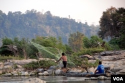 A fisherman casts his net near Don Sahong. The Laos government is planning a $600 million dam for the area but has been reluctant to reveal details surrounding the proposal and the impact it will have on fish migration and fish stocks. (Luke Hunt for VOA)