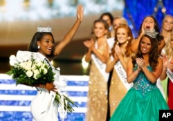 Miss New York Nia Franklin reacts after being named Miss America 2019, Sunday, Sept. 9, 2018, in Atlantic City, N.J.