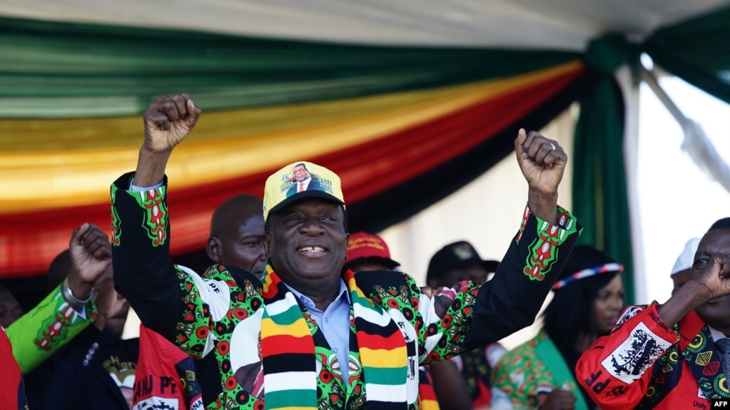 FILE - Zimbabwe's President Emmerson Mnangagwa addresses a rally in Bulawayo, June 23, 2018. Mnangagwa on Thursday addressed his first campaign rally after surviving an explosion at a rally late last month.
