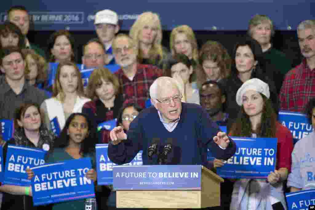 Democratic presidential candidate, Senator Bernie Sanders, speaks during a campaign stop at Great Bay Community College, Sunday, Feb. 7, 2016, in Portsmouth, New Hampshire.