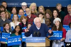 ສະມາຊິກສະພາສູງຈາກລັດ Vermont ທ່ານ Bernie Sanders ສັງກັດ​ພັກ Democrats ຂຶ້ນ​ກ່າວ ​ໃນ​ວິທະຍາ​ໄລ Great Bay ​ໃນ​ເມືອງ Portsmouth, New Hampshire, 7 ກຸມພາ, 2016.