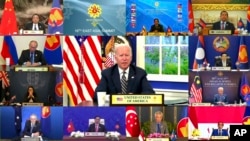 In this image released by Brunei ASEAN Summit, U.S. President Joe Biden speaks at the virtual meeting of ASEAN-East Asia Summit participants held on on the sidelines of the ASEAN summit, Oct. 27, 2021.(ယခင်မှတ်တမ်းဓါတ်ပုံ)
