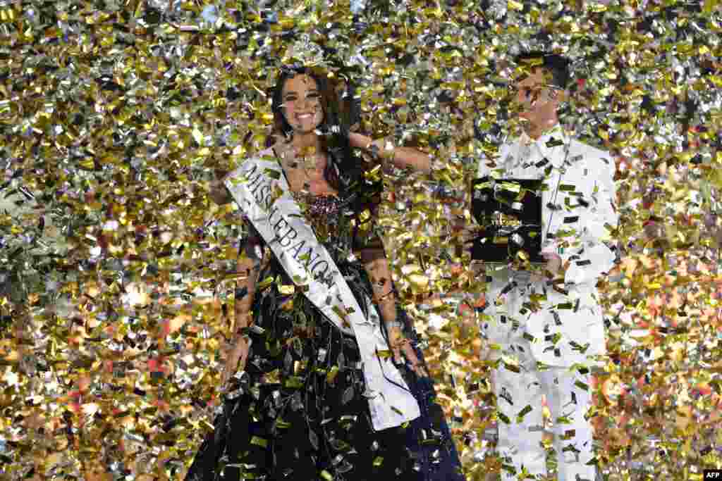 Newly crowned Miss Lebanon 2017 Perla Helou reacts after being elected at Casino Du Liban in Jounieh, north of Beirut.