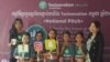 Ung Pechata (third from left) holds Instagram logo with her team members and mentors at the Technovation National Pitch on May 20, 2018. (Courtesy photo) 