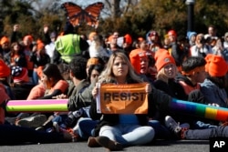 FILE - A woman holds up a sign that says, "resist," as supporters of the Deferred Action for Childhood Arrivals (DACA) block an intersection near the U.S. Capitol in support of DACA recipients on Capitol Hill in Washington, March 5, 2018.