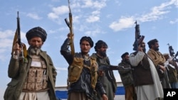 FILE - Afghan militia men raise their weapons as they stand guard in the Achin district of Nangarhar province east of Kabul, Afghanistan, Dec. 27, 2015. 