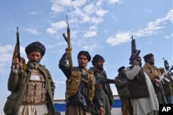 FILE - Afghan militia men raise their weapons as they stand guard in the Achin district of Nangarhar province east of Kabul, Afghanistan, Dec. 27, 2015.