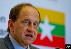 European Union Election Observation Mission to Myanmar chief Alexander Graf Lambsdorff speaks during a press briefing in Yangon, Myanmar, Nov. 10, 2015.