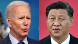 FILE - This combination of photos shows U.S. President Joe Biden, left, speaking at the Eisenhower Executive Office Building in Washington, June 2, 2021, and Chinese President Xi Jinping speaking on arrival at Macao's international airport. Dec. 18, 2019.