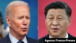 This combination of pictures shows US President Joe Biden, left, speaking at the Eisenhower Executive Office Building in Washington, June 2, 2021, and Chinese President Xi Jinping speaking on arrival at Macau's international airport on Dec. 18, 2019.