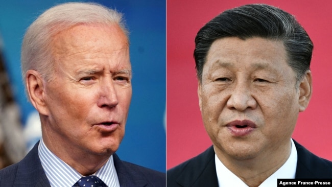FILE - This combination of photos shows U.S. President Joe Biden, left, speaking at the Eisenhower Executive Office Building in Washington, June 2, 2021, and Chinese President Xi Jinping speaking on arrival at Macao's international airport. Dec. 18, 2019.