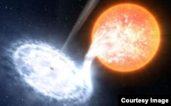 An artist's impression of a black hole, similar to V404 Cyg, taking material from an orbiting companion star.