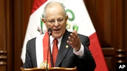 FILE - Peru's President Pedro Pablo Kuczynski addresses Congress during his inauguration ceremony in Lima, Peru.