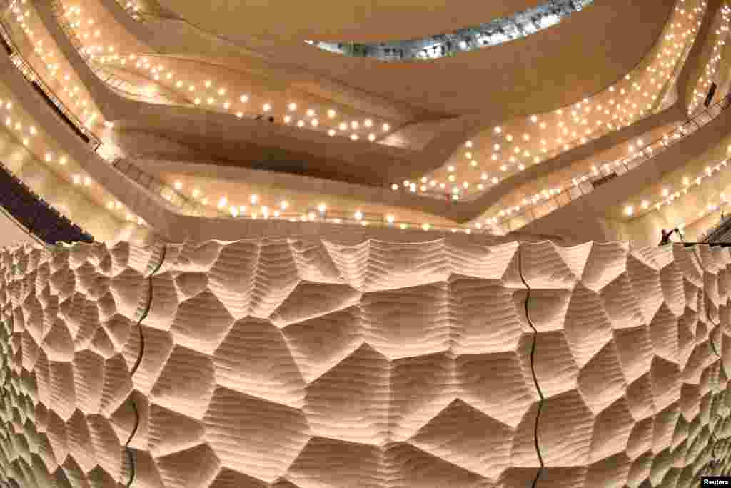 A special wall design for optimal acoustics is seen in the &quot;Great Concert Hall&quot; of the Elbphilharmonie (Philharmonic Hall) during a press tour in Hamburg, Germany.