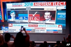 FILE - Fox News announces U.S. Sen. Ted Cruz, R-Texas, as the winner over challenger Rep. Beto O'Rourke, D-Texas, during the Dallas County Republican Party election night watch party, Nov. 6, 2018, at The Statler Hotel in Dallas, Texas. O'Rourke trailed Cruz by less than three percent.