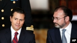 Mexico's President Enrique Pena Nieto (L), gestures as Mexico's Foreign Minister Luis Videgaray looks on during a meeting with members of the diplomatic corps in Mexico City, Mexico, Jan. 11, 2017. 