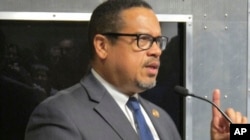 FILE - U.S. Rep. Keith Ellison, the Minnesota Democrat, speaks in Burlington, Vt., at a Democratic Party fundraiser.