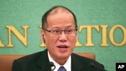 FILE - Philippine President Benigno Aquino III speaks during a press conference at the Japan National Press Club in Tokyo.