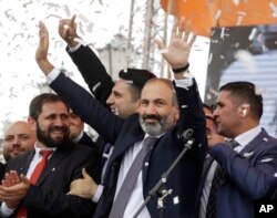 Newly elected Prime Minister of Armenia Nikol Pashinyan addresses the crowd in Republic Square in Yerevan, Armenia, May 8, 2018.