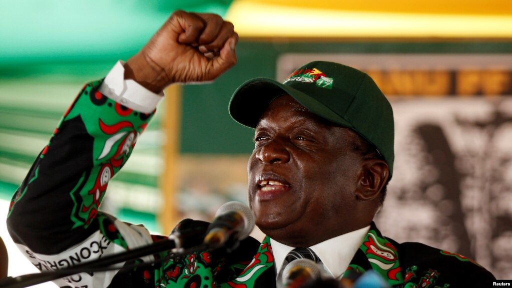 Zimbabwe's President Emmerson Mnangagwa speaks during the Extraordinary Congress of the ruling ZANU-PF party in Harare, Zimbabwe, Dec. 15,2017.