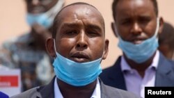 FILE - Somalia's government spokesperson Mohamed Ibrahim Moalimuu addresses the media in Mogadishu, Somalia, May 3, 2020. 